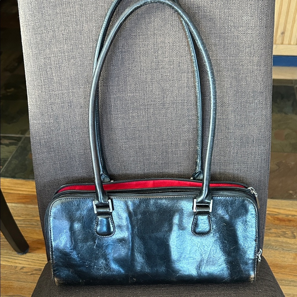 HOBO Black Leather Shoulder Bag with Red Interior